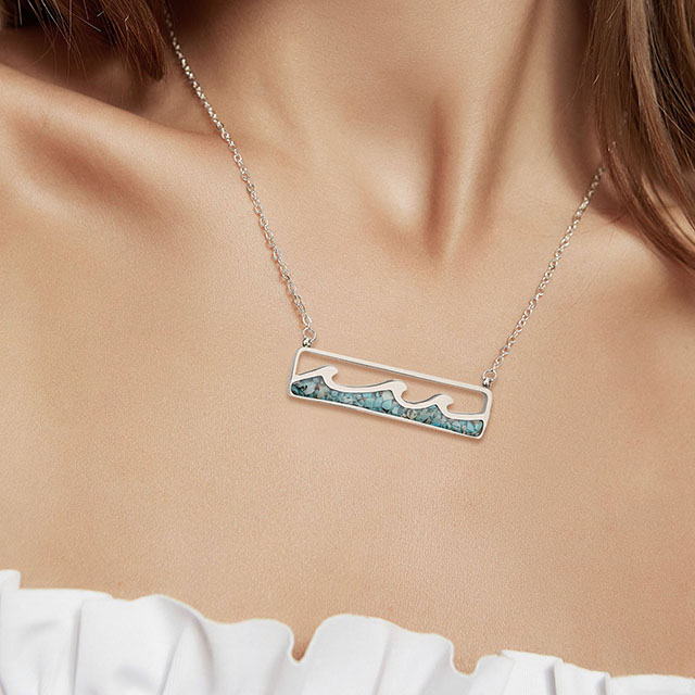 ターコイズ宝石ネックレスオーシャンウェーブバーペンダント女性ガールズサーファービーチジュエリー 