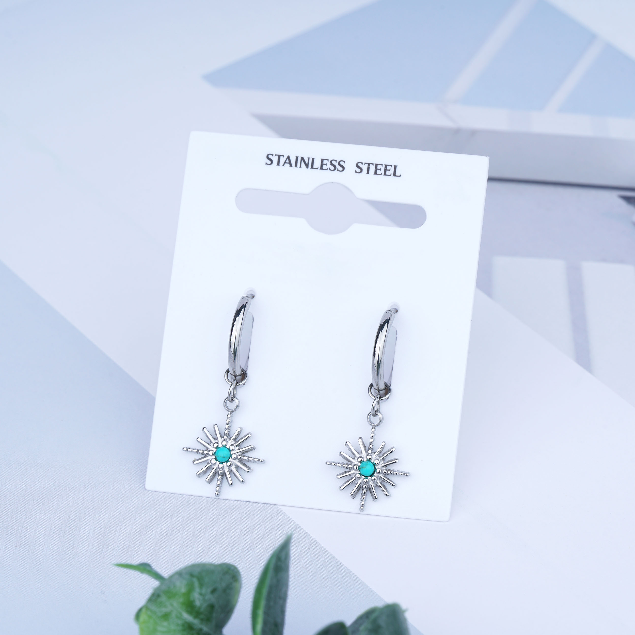 ターコイズ フープ 18K ゴールド メッキ ステンレススチール スター イヤリング 