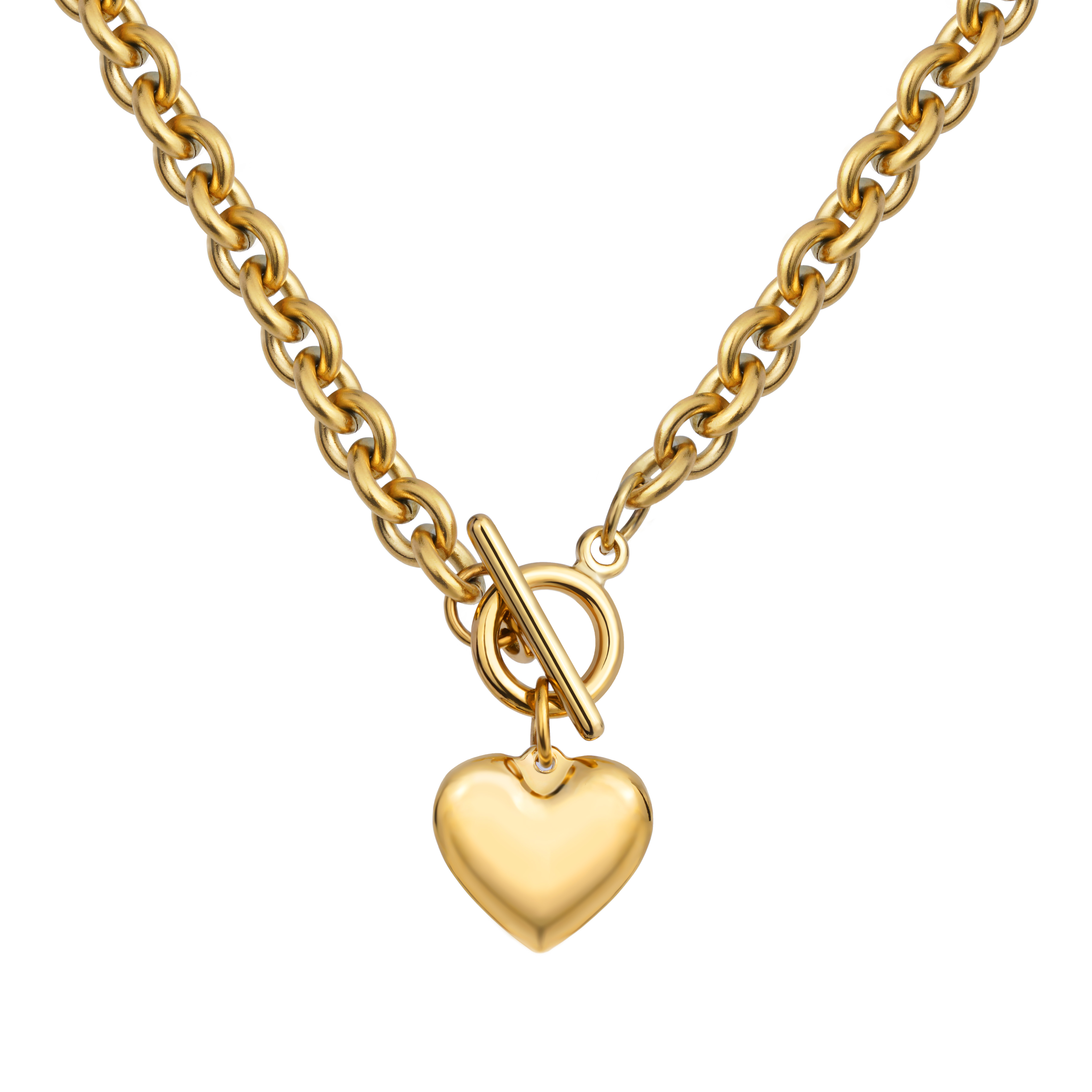 18K ゴールドメッキステンレススチールチャンキーラブハートペンダントネックレス 