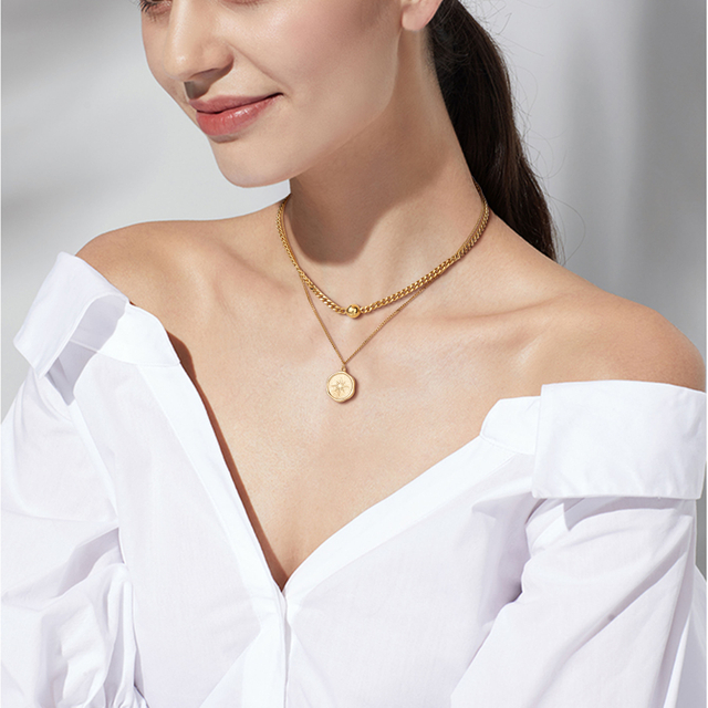 二層ステンレススチールスター天文コインペンダントネックレス