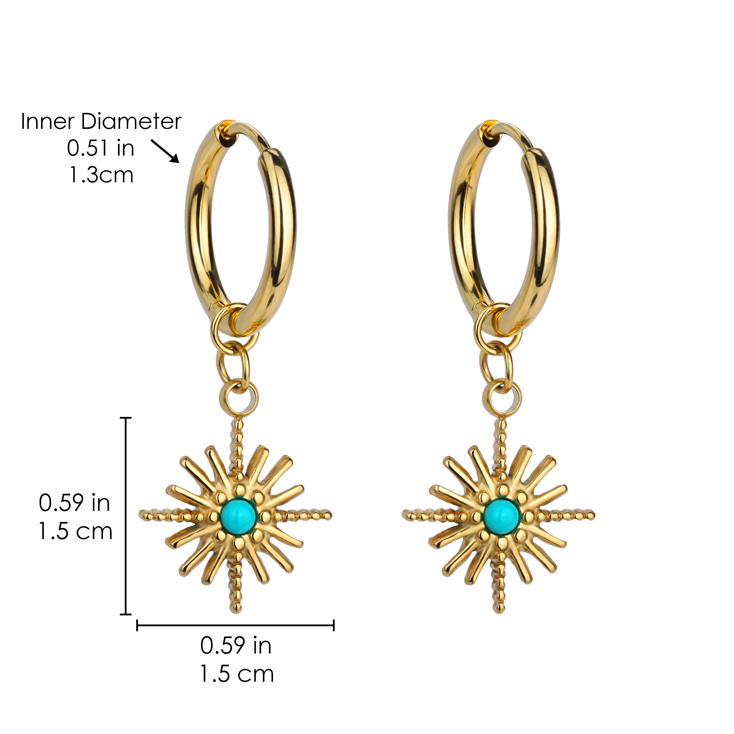 ターコイズ フープ 18K ゴールド メッキ ステンレススチール スター イヤリング 