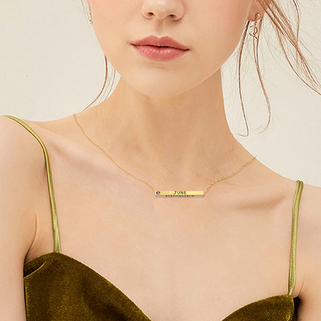 誕生月ネックレス 誕生石付きリアルマットゴールドメッキ 4面水平バーペンダントチャームチェーンネックレス 