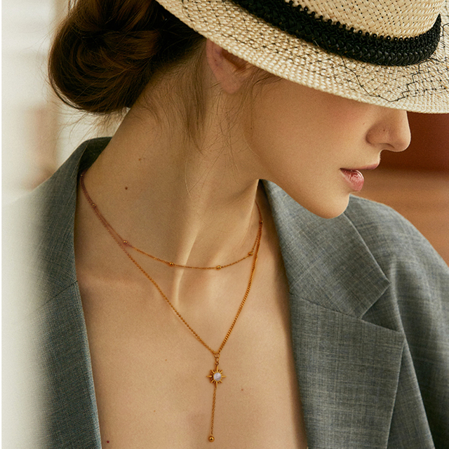 レイヤードステンレススチールスターマザーオブパールシェルネックレス