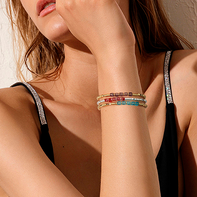 上品な 18 K ゴールドメッキビーズブレスレット女性用スタッカブルクリスタル宝石ビーズストレッチブレスレット女性ガールズジュエリーギフト