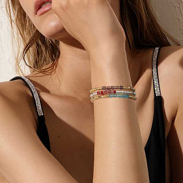 上品な 18 K ゴールドメッキビーズブレスレット女性用スタッカブルクリスタル宝石ビーズストレッチブレスレット女性ガールズジュエリーギフト
