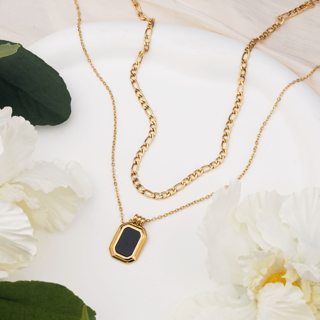 ステンレス鋼 2 層フィガロ チェーン スクエア ブラック エナメル ペンダント ネックレス 